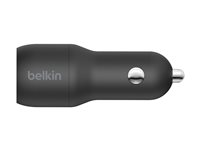Belkin BoostCharge Dual Charger - Auton virtasovitin - 24 watti(a) - 4.8 A - 2 lähtöliittimet (USB) - johdossa: USB-C - musta CCE001BT1MBK