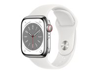 Apple Watch Series 8 (GPS + Cellular) - 41 mm - hopea ruostumaton teräs - älykello kanssa urheiluranneke - fluoroelastomeeri - valkoinen pannan koko: Normaalikoko - 32 Gt - Wi-Fi, LTE, Bluetooth, UWB - 4G - 42.3 g MNJ53KS/A