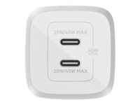 Belkin BoostCharge Pro GaN - Verkkosovitin - PPS ja GaN-teknologia - 45 watti(a) - Fast Charge, PD 3.0 - 2 lähtöliittimet (2 USB-C:tä) - valkoinen WCH011VFWH