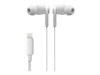 Belkin ROCKSTAR - Kuulokkeet mikrofonilla varustettu - korvansisäiset - langallinen - Lightning - melua vaimentava - valkoinen malleihin Apple 10.5-inch iPad Pro; iPad mini 4; iPhone 7, 7 Plus, 8, 8 Plus, X, XR, XS, XS Max G3H0001BTWHT