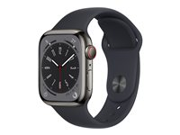 Apple Watch Series 8 (GPS + Cellular) - 41 mm - grafiitinvärinen ruostumaton teräs - älykello kanssa urheiluranneke - fluoroelastomeeri - keskiyö pannan koko: Normaalikoko - 32 Gt - Wi-Fi, LTE, Bluetooth, UWB - 4G - 42.3 g MNJJ3KS/A